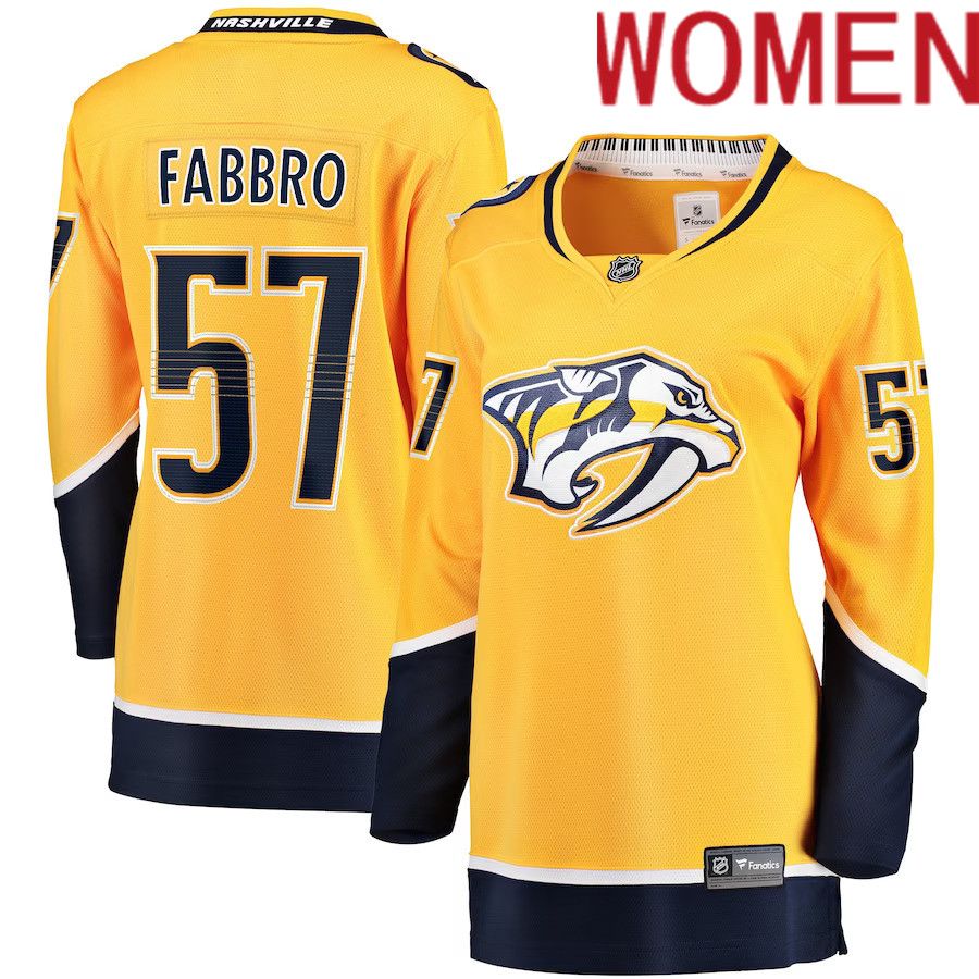Women Nashville Predators 57 Dante Fabbro Fanatics Branded Gold Home Breakaway Player NHL Jersey